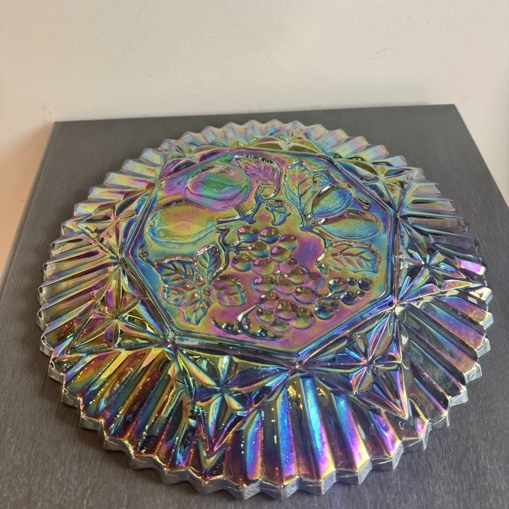 Vintage INDIANA Carnival Glass Serving/Jewelery Platter Iridescent Fruit‎ 11.5